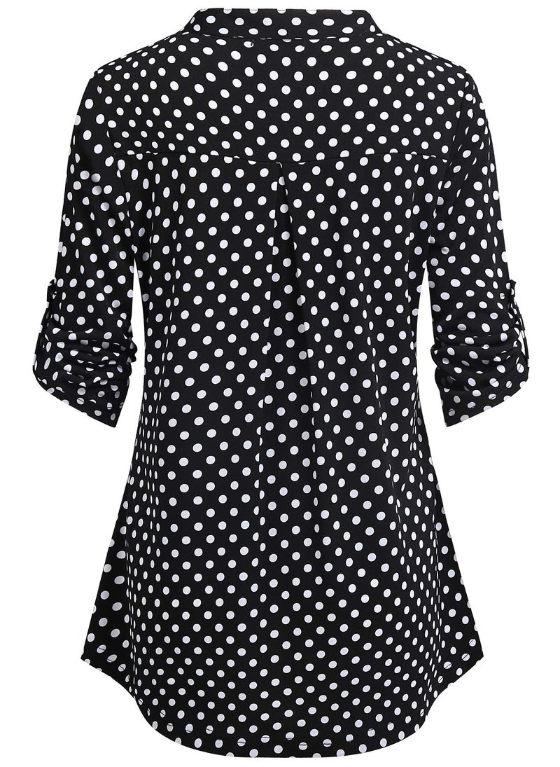 BEPEI Work Blouses for Women,Ladies Polka Dot Tops Winter Ruched Sleeve Empire Waist Sexy Office Tunic Petite Formal Professional Shirt Pocket Tops for Skinny Dress Pants,Black White L - Image 3